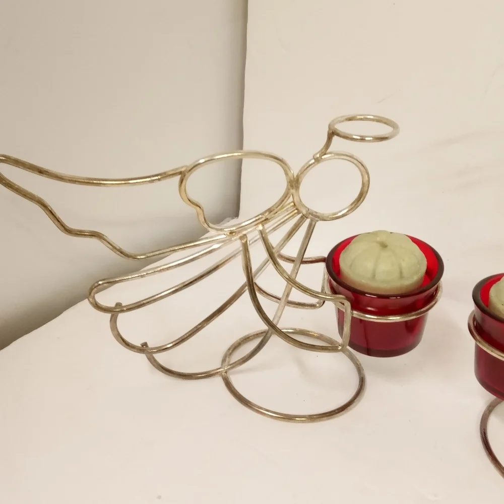 2 Angel Cherub Figurine Goldtone Wire Metal Tealight, Candles